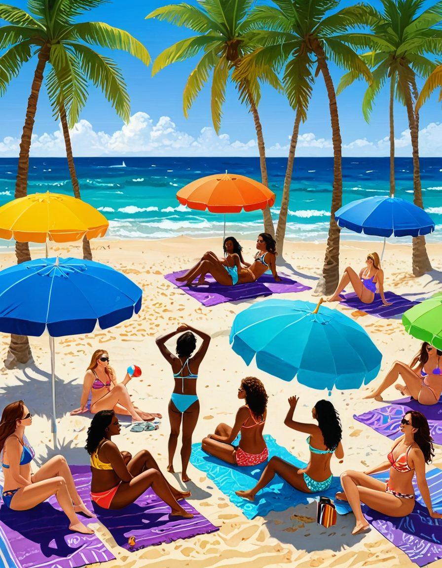 A sun-drenched beach scene showcasing diverse women of all shapes and sizes wearing stylish and colorful bikinis, enjoying various beach activities such as playing volleyball, sunbathing, and strolling along the shore. Incorporate vibrant beach umbrellas, palm trees swaying in the breeze, and the glistening ocean in the background to evoke a sense of summer bliss. The image should convey a lively and empowering atmosphere, inviting viewers to elevate their beachwear game. super-realistic. vibrant colors. sunny background.